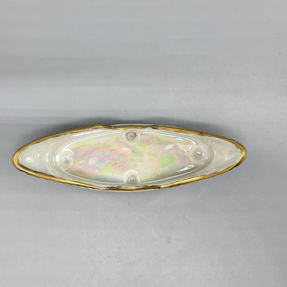 Prov Saxe Germany Trinket Dish Set Vintage Lusterware Gold Trim Footed White
